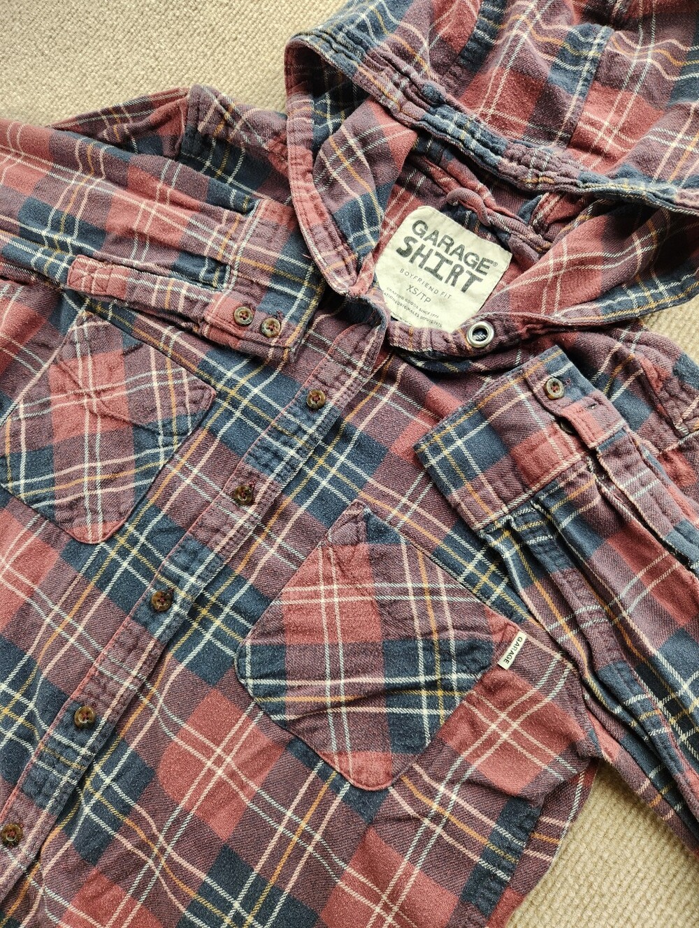 Garage Shirt Women’s XS Plaid Red/Blue Hooded Boyfriend Fit Button-Up